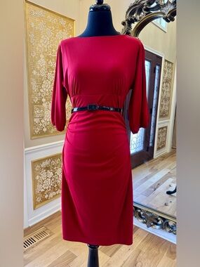 David Meister Red Midi Dress with Black Patent Belt